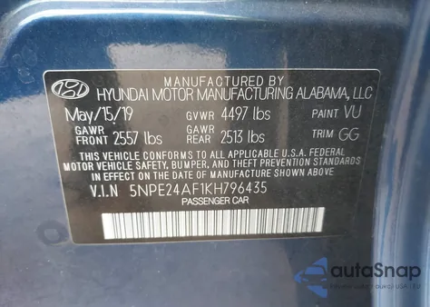 2019 Hyundai Sonata Se z USA, uszkodzony, nr VIN 5NPE24AF1KH796435